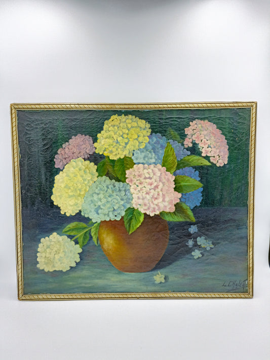 Huile sur toile aux hortensias.