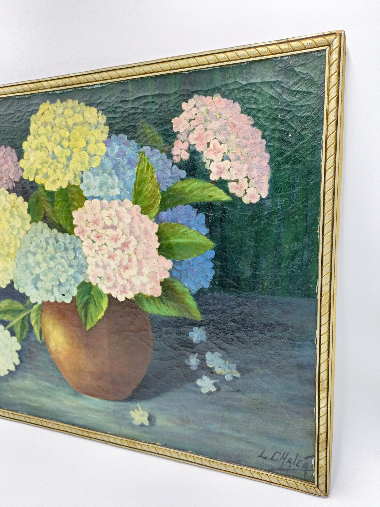 Huile sur toile aux hortensias.